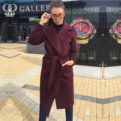 Lapel tie women woolen coat - ROUTINE FASHION
