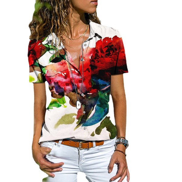 Floral Print Loose Short Sleeve Blouse - ROUTINE FASHION