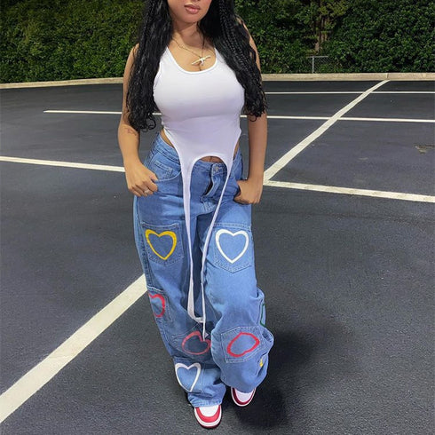 Multi-pocket Colorful Heart Print Jeans Women's Flared Pants - ROUTINE FASHION