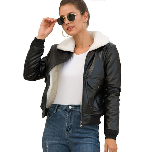 Women's short pu leather jacket plus cashmere - ROUTINE FASHION
