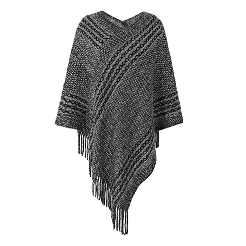 Striped Cape Shawl Fringed Sweater - ROUTINE FASHION