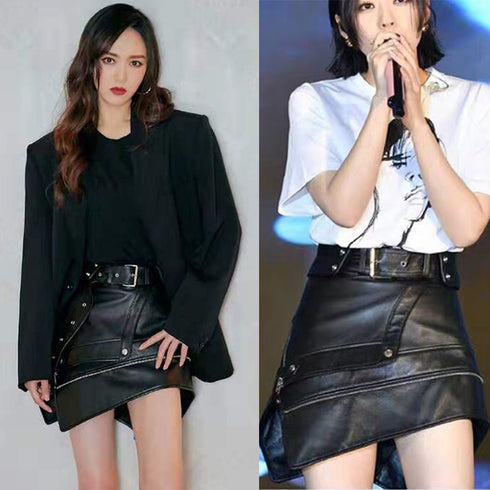 Irregular belt motorcycle leather skirt - ROUTINE FASHION