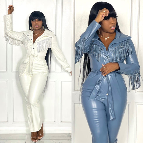 New Lapel Button Low-cut Fringed Skinny Imitation Leather Jumpsuit For Women - ROUTINE FASHION