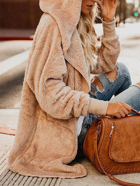 Long Sleeve Sweet Pockets Teddy Bear Coats - ROUTINE FASHION