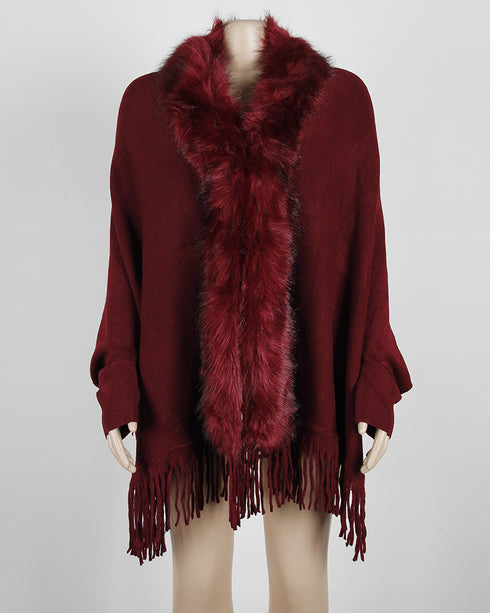 Fringed cloak shawl fur collar cape cardigan women - ROUTINE FASHION