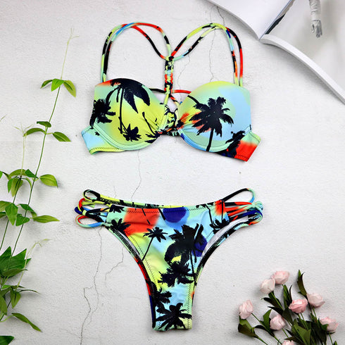 Women 2021 Sexy Swimwear Leaf Print Bikini Halter Swimsuit Bathing Suit Women Cute Bikini Set Monokini Underwire - ROUTINE FASHION