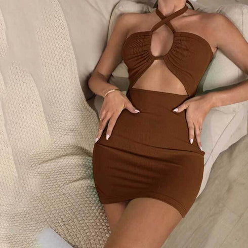 Fashionable Hollow Out Neck Strap Wrap Hip Skirt - ROUTINE FASHION