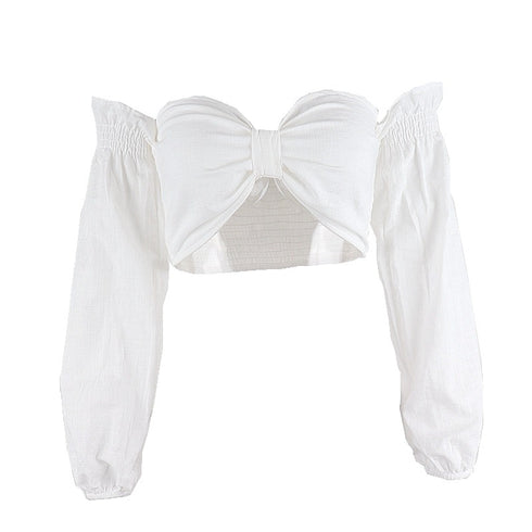 Women Cropped Bow Short Top With Long Sleeves - ROUTINE FASHION