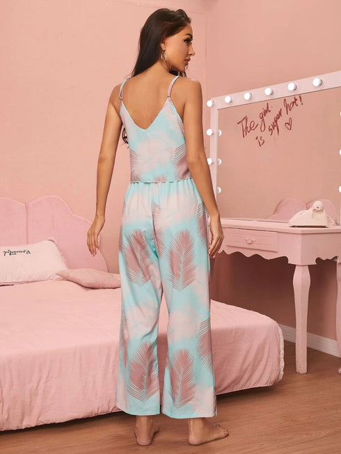 V-neck Sling Print Comfortable Pajama Set - ROUTINE FASHION