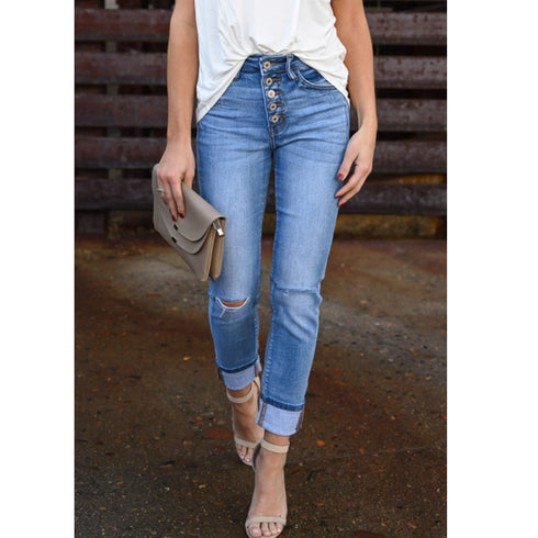 Ladies Washed Shredded Slim Fit Stretch Jeans - ROUTINE FASHION