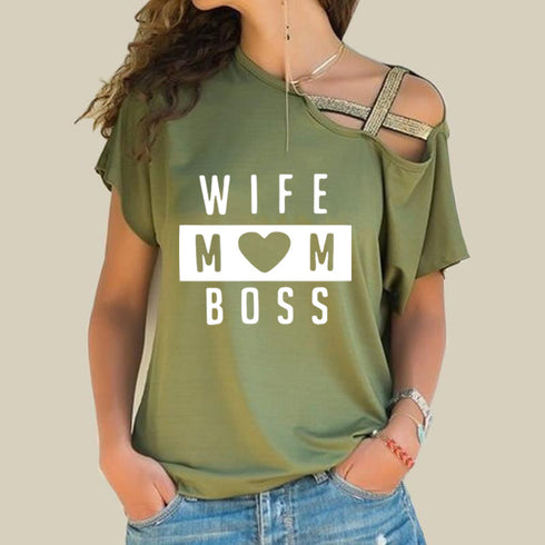 Irregular Cross Oblique Shoulder Short-sleeved T-shirt Women - ROUTINE FASHION