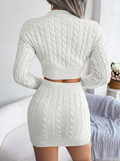 Casual Twist Cropped Sweater Package Hip Skirt Set - ROUTINE FASHION