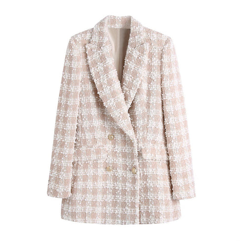 Lapel Long Sleeved Double Breasted Check Blazer Women - ROUTINE FASHION