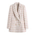 Lapel Long Sleeved Double Breasted Check Blazer Women - ROUTINE FASHION
