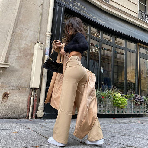 Khaki Women High Waist Loose Trousers - ROUTINE FASHION