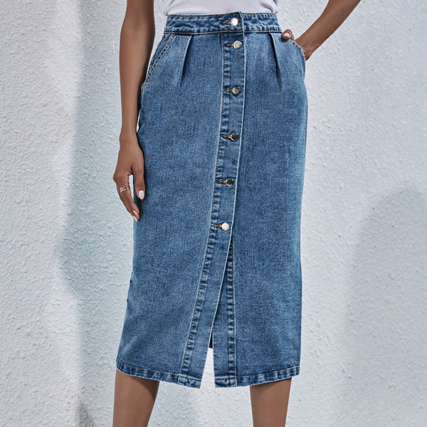 High-waisted Single-breasted Denim Skirt - ROUTINE FASHION