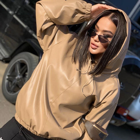 Women's Leather Versatile Round Neck Hoodie - ROUTINE FASHION
