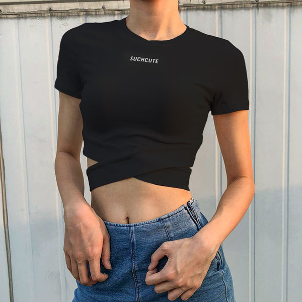 Cross straps exposed navel t-shirt women - ROUTINE FASHION