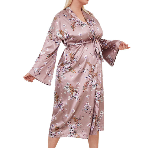 Long Robes For Women Flower Print Bathrobe V-neck Silk Sleepwear - ROUTINE FASHION