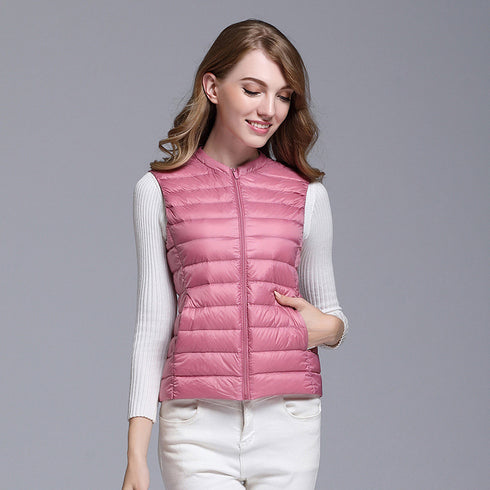 Lightweight down ladies waistcoat all-match slim fit sleeveless waistcoat short round neck large size waistcoat vest - ROUTINE FASHION