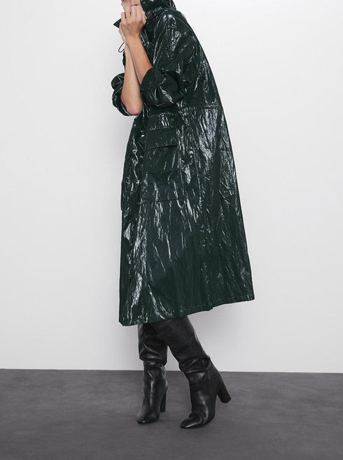 Women's pleated shiny parka casual long trench coat - ROUTINE FASHION