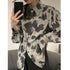 Blouse Long Sleeve Black Gray Color Block Leopard Shirt Button Up Chain Top Single-Breasted Womens Blouses Loose - ROUTINE FASHION