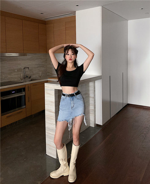 Denim Skirt Women Retro Irregular High Waist - ROUTINE FASHION