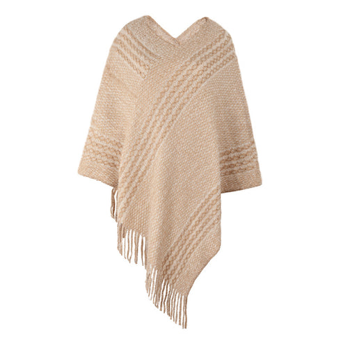 Striped Cape Shawl Fringed Sweater - ROUTINE FASHION