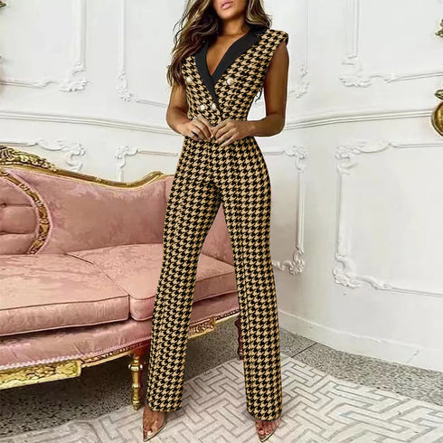 V-neck Houndstooth Jumpsuit Professional Wear Women - ROUTINE FASHION
