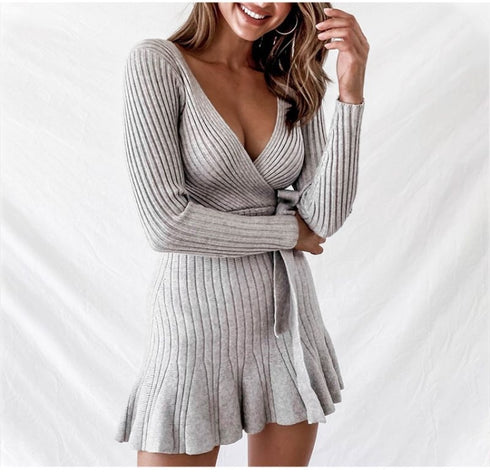 Sexy V Neck Knitted Dresses Women Long Sleeve - ROUTINE FASHION
