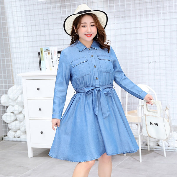 Tencel Denim Simple Plus Size Women's Long Sleeve Dress Denim Plus Size Skirt - ROUTINE FASHION