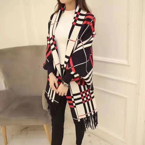 Plaid Mid-length Cardigan Women's Knitted Tassel Shawl Coat Women - ROUTINE FASHION