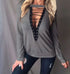 Large Size T Shirt Women Lace up Tops Bandage Long Sleeve V Neck Shirts - ROUTINE FASHION