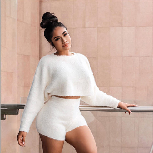 two pieces set solid women outfit fashion velvet - ROUTINE FASHION