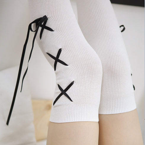 Over The Knee Socks Black And White Cross Ribbon Thigh Socks Female High Socks - ROUTINE FASHION