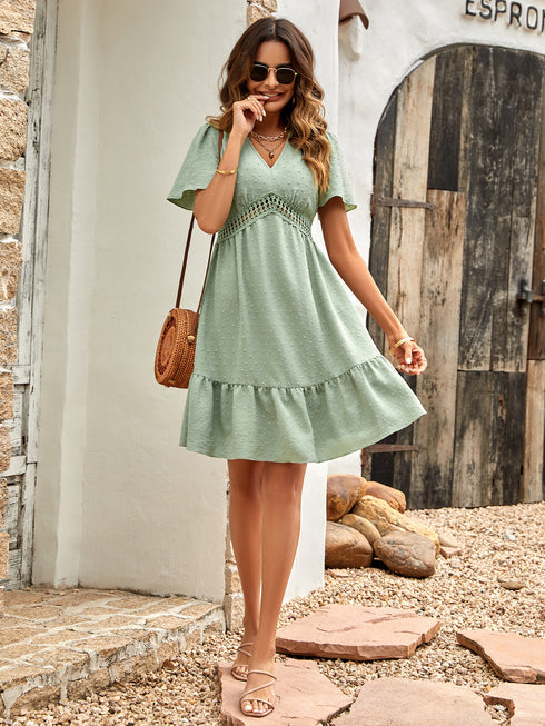 V Neck Solid Color Ruffle Sleeve Dress - ROUTINE FASHION