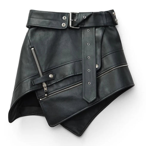 Irregular belt motorcycle leather skirt - ROUTINE FASHION