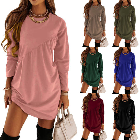 Women's Long Sleeve Mini Tunic Casual Round Neck Loose Dress - ROUTINE FASHION
