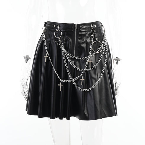Dark Punk Chain Pleated Pu Leather Skirt - ROUTINE FASHION