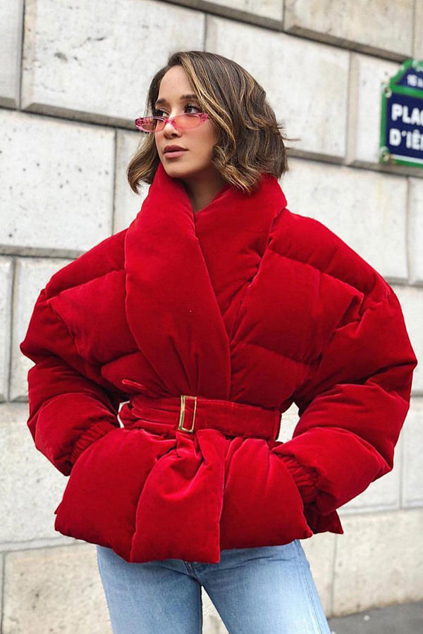 Women's Golden Velvet Winter Thick And Warm Red Short Bread Jacket - ROUTINE FASHION