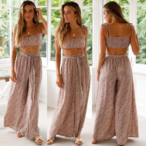 Women's Suspenders Printed Tops Wide Leg Pants Suit - ROUTINE FASHION