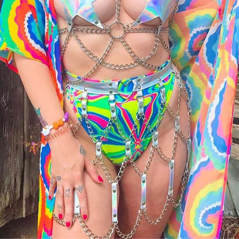 Women's Punk Laser Leather Waist Chain Skirt - ROUTINE FASHION