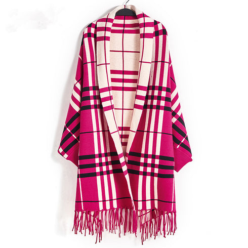 Plaid Mid-length Cardigan Women's Knitted Tassel Shawl Coat Women - ROUTINE FASHION