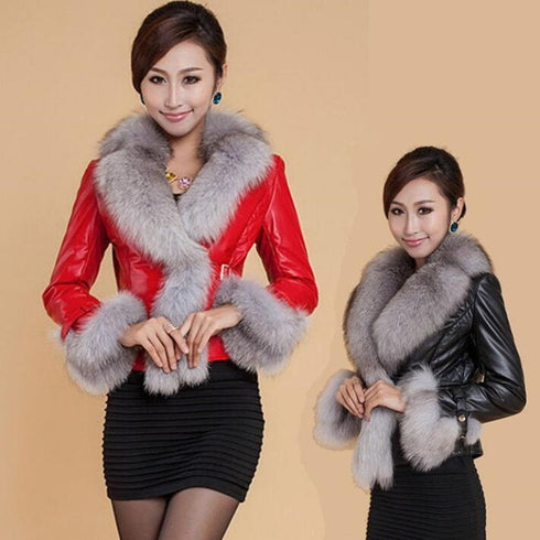 Best-selling Autumn  Winter Jacket Woman Fur Coat Fashion  Fox Fur Collar Women Coat Slim Short PU Leather Coat - ROUTINE FASHION