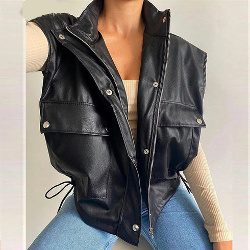 Sleeveless PU Leather Jacket Loose Waistcoat Women's - ROUTINE FASHION