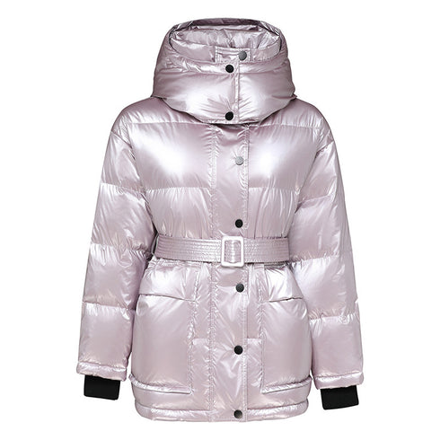 Winter Jacket Thick Mid-length Waist White Duck Down Jackets Slim Belt Silver Shiny Parka Women Coat - ROUTINE FASHION
