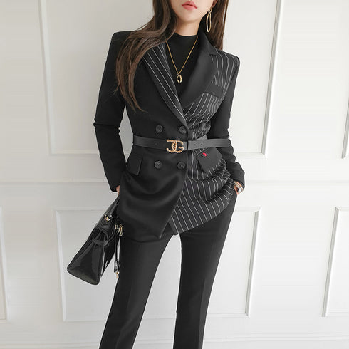 Women Set New Striped Blazer Slim Pants - ROUTINE FASHION