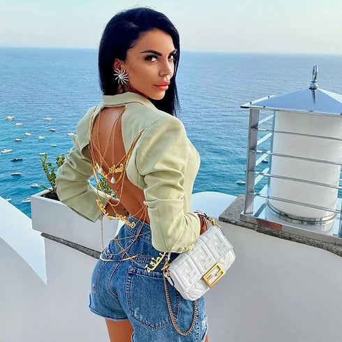 Sexy big backless chain blazer - ROUTINE FASHION