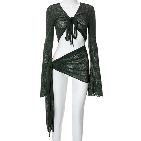 Mesh Sheer Tie Long Sleeve Wrap Top Casual Skirt - ROUTINE FASHION