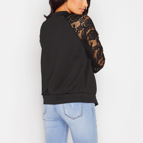 Women Bomber Jacket With Lace - ROUTINE FASHION